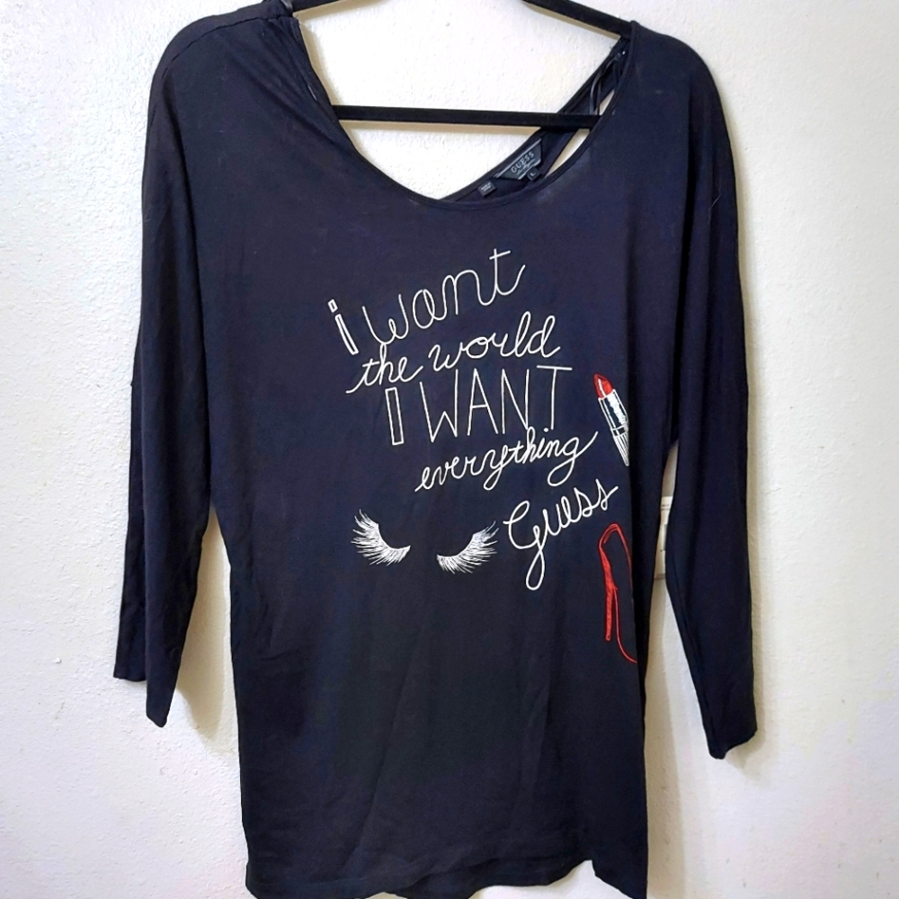 Guess Women's Top " I Want The World" Black Graphic Size Large